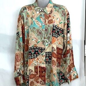 ZARA Satin Effect Womens Neutral Multicolor Paisley Boho Shirt Size M